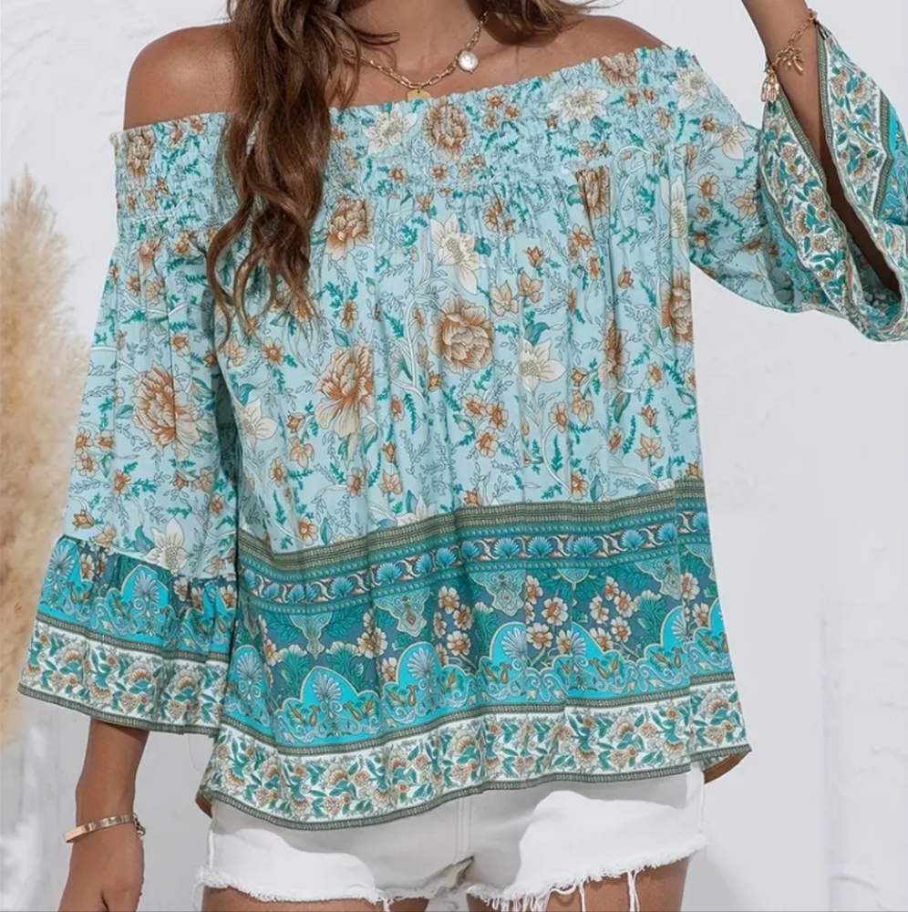 Boho Off-Shoulder Floral Blouse in Aqua Teal